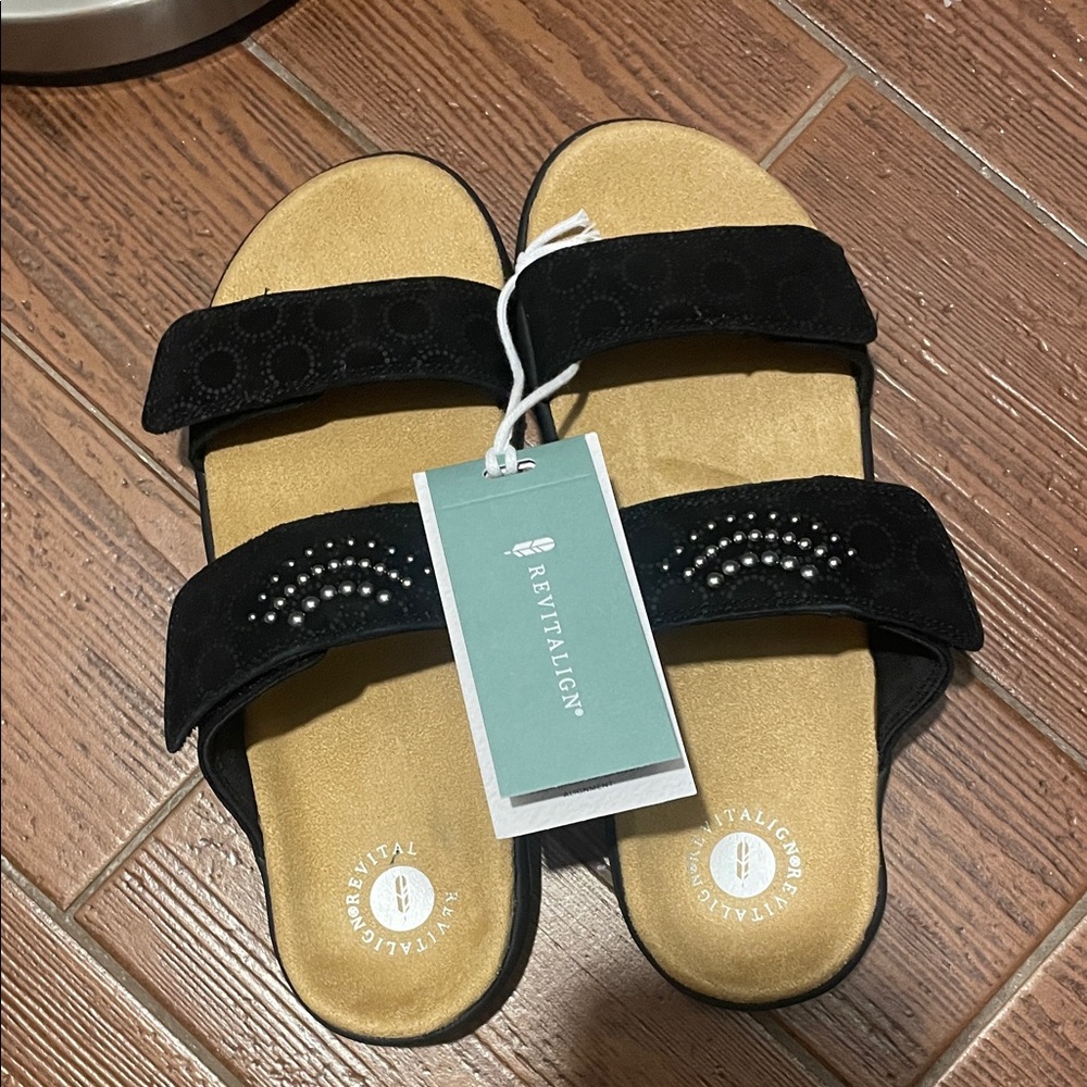REVITALIGN Black Suede Double-Strap Slide Sandals with Stud Accents